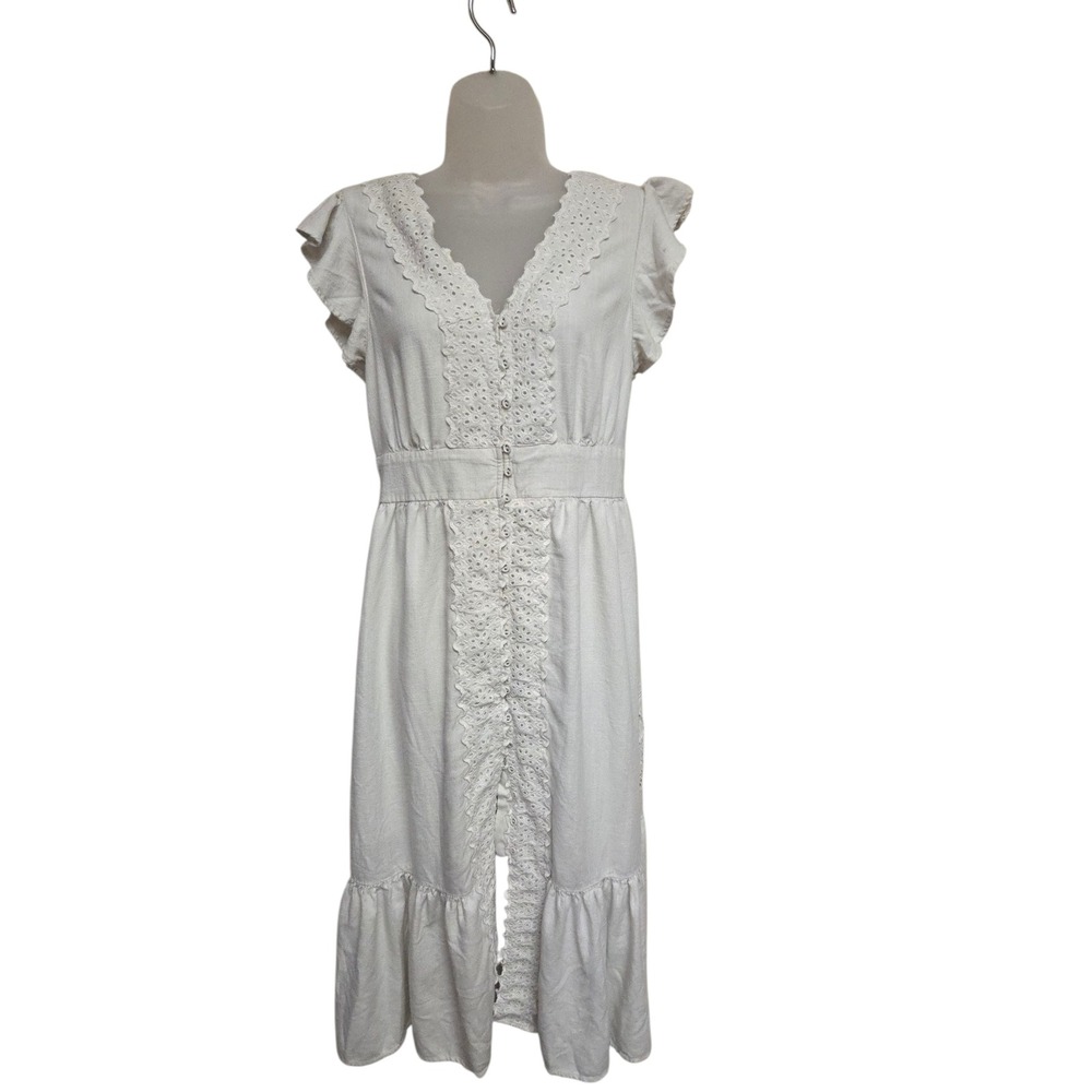 Lovestitch Women's White Eyelet Midi Dress Ruffle Sleeves Button Front Size L